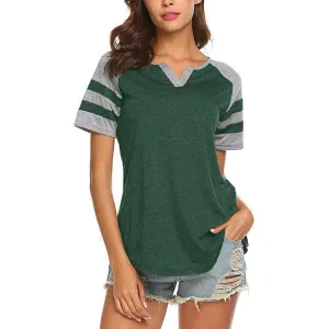 Color Block Top Women's Summer Casual Striped Short Sleeve V Neck