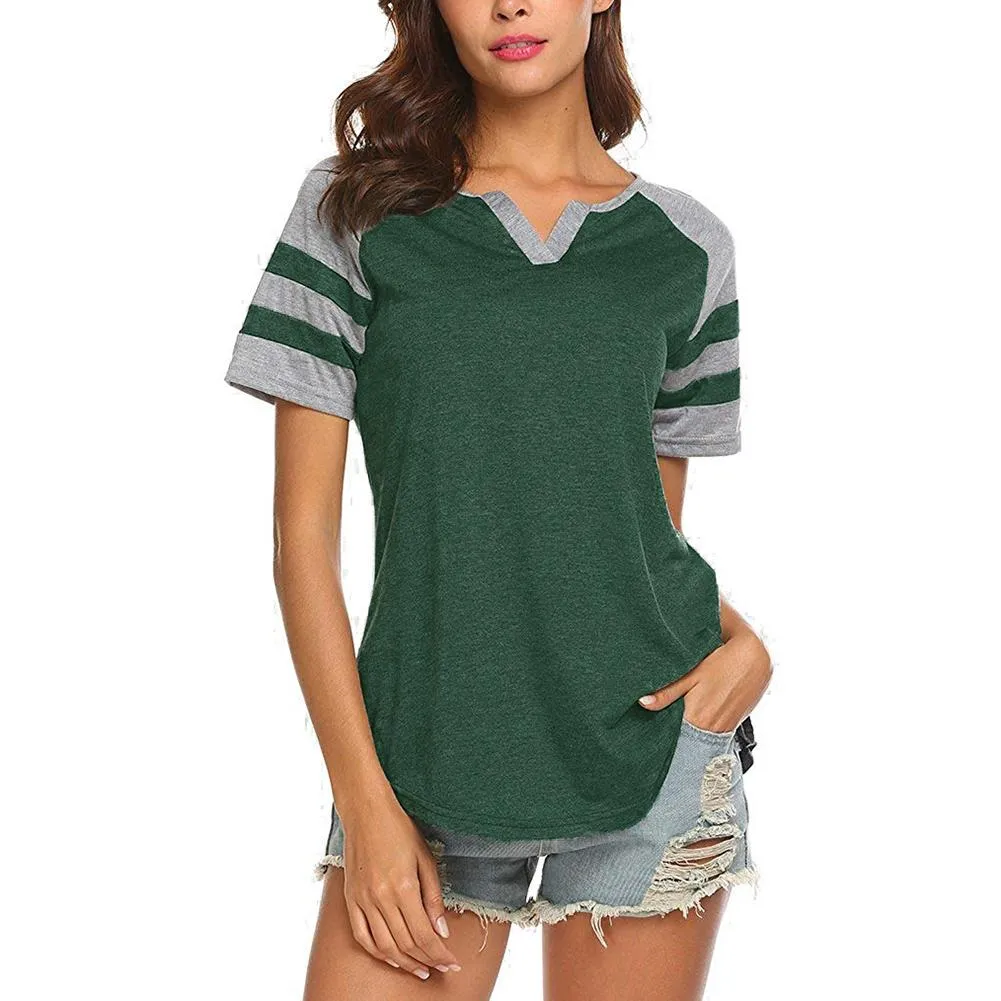 Color Block Top Women's Summer Casual Striped Short Sleeve V Neck