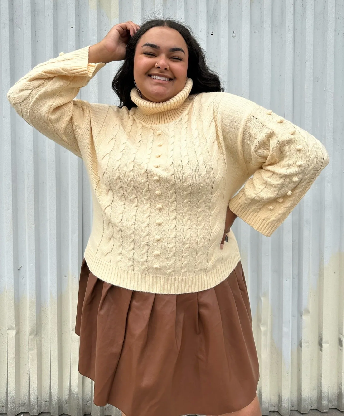 Eloquii Cream Cable-Knit Turtleneck Sweater, Size 18/20