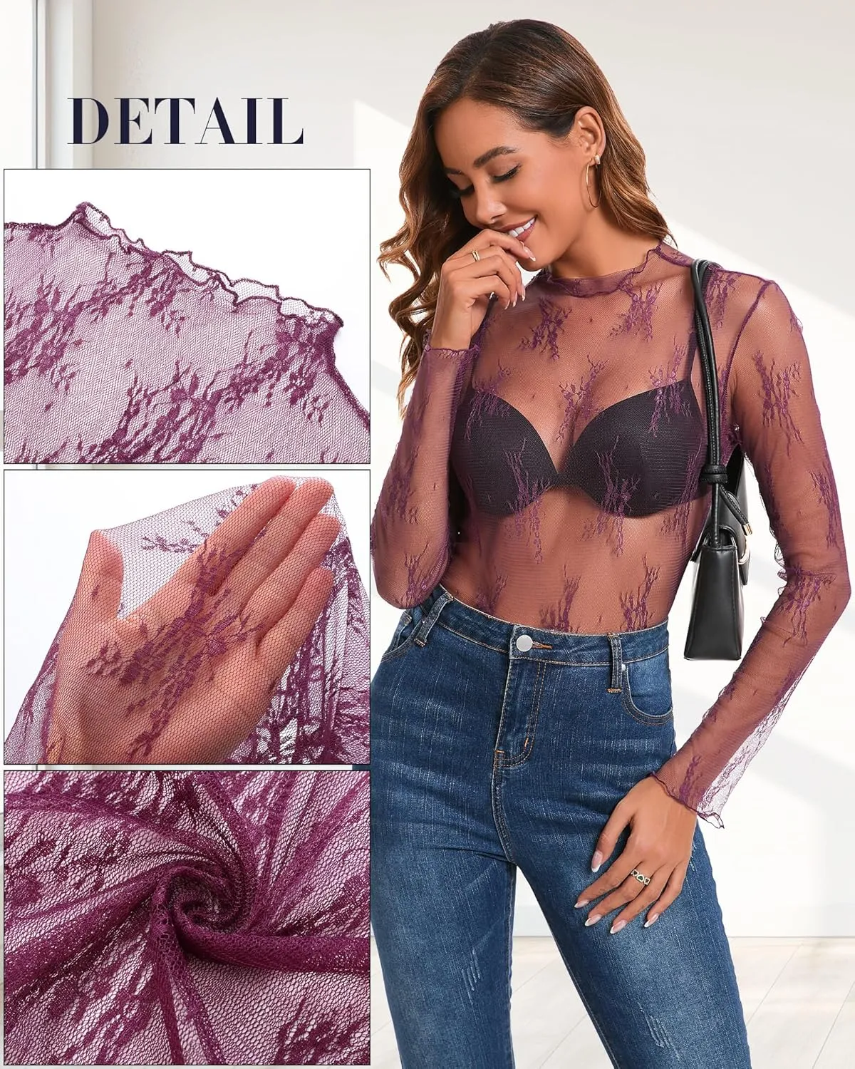 Huukeay 3 Pack mesh Long Sleeve Tops for Women lace Undershirt Mock Neck Sheer Blouse See Through Floral Clubwear Shirts