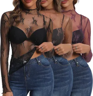Huukeay 3 Pack mesh Long Sleeve Tops for Women lace Undershirt Mock Neck Sheer Blouse See Through Floral Clubwear Shirts