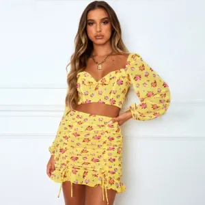 Long Sleeve V Neck Shirt Tops Ruched Skirts set