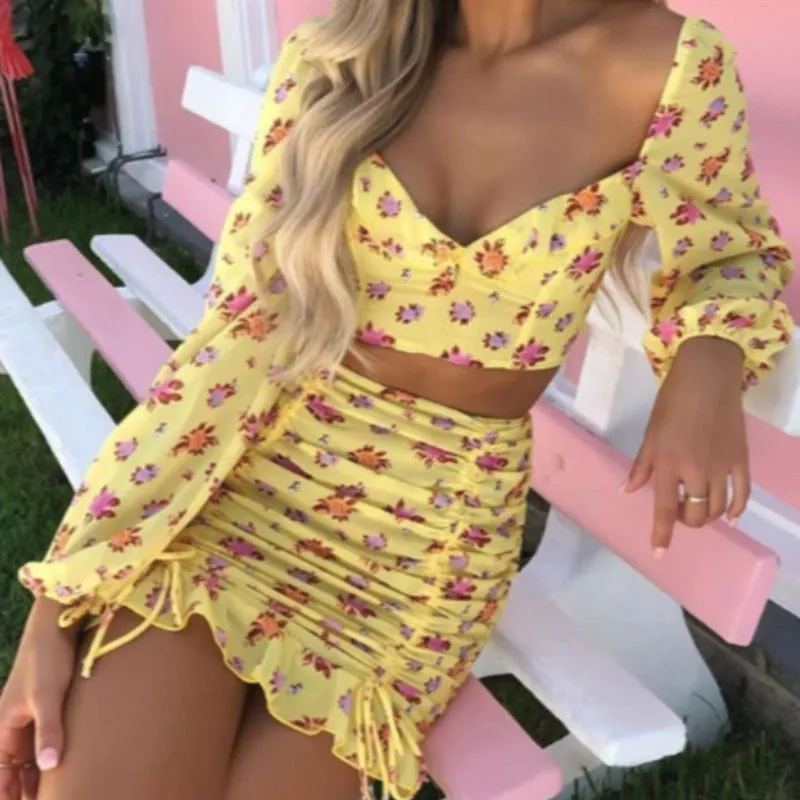 Long Sleeve V Neck Shirt Tops Ruched Skirts set