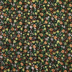 Mousseline imprimée bande satin fleurs jaune et orange fond noir