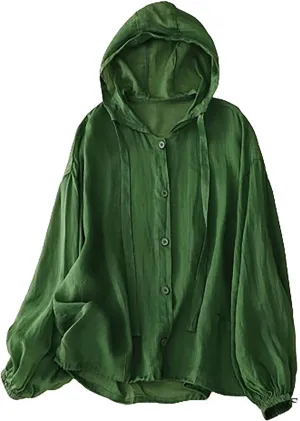 Mzkdieey Women Cotton Linen Sun Protection Hoodie Jacket Drawstring Long Sleeve Button Down Blouse Oversized Hooded Cover Ups