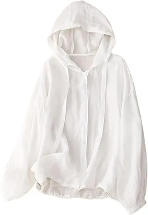 Mzkdieey Women Cotton Linen Sun Protection Hoodie Jacket Drawstring Long Sleeve Button Down Blouse Oversized Hooded Cover Ups