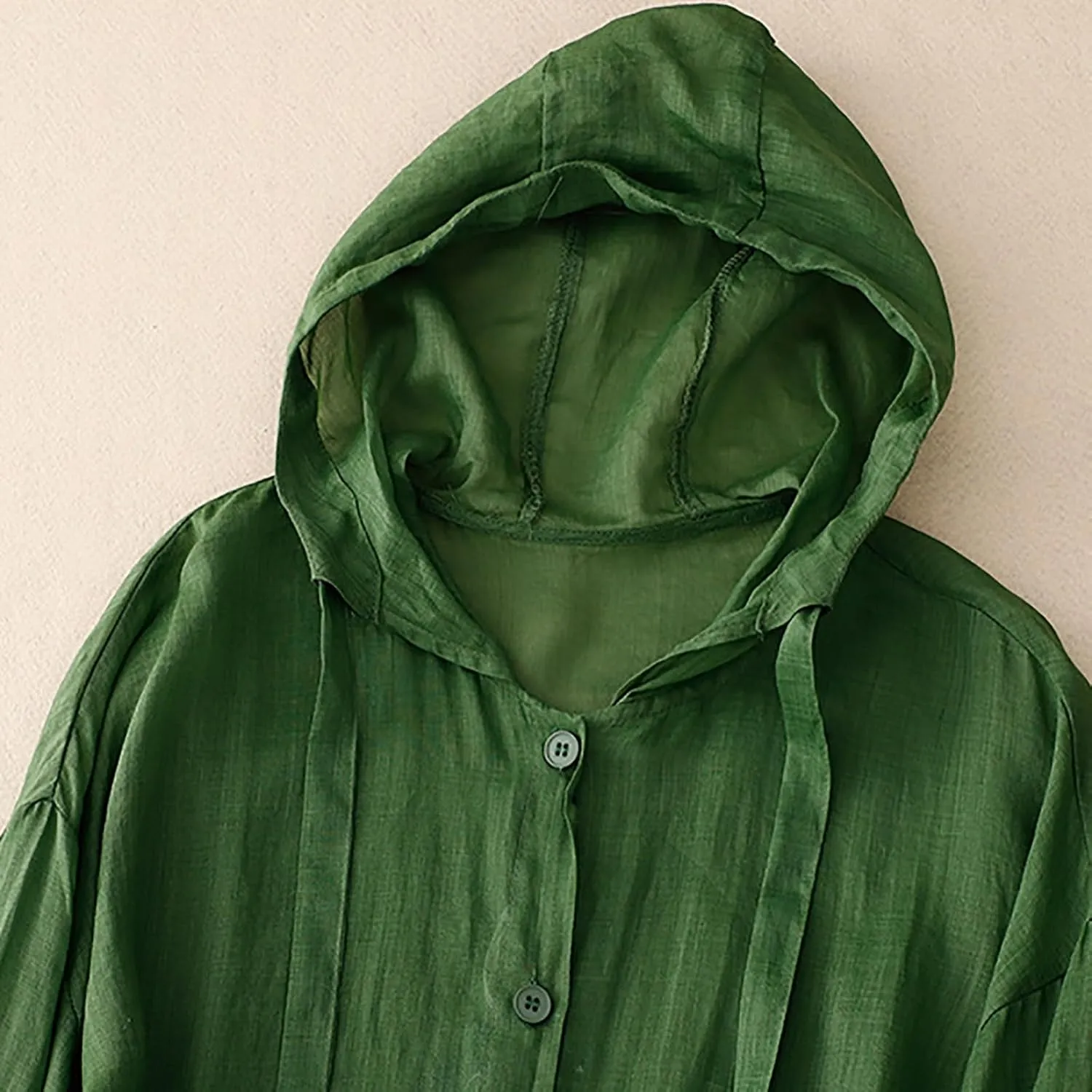 Mzkdieey Women Cotton Linen Sun Protection Hoodie Jacket Drawstring Long Sleeve Button Down Blouse Oversized Hooded Cover Ups