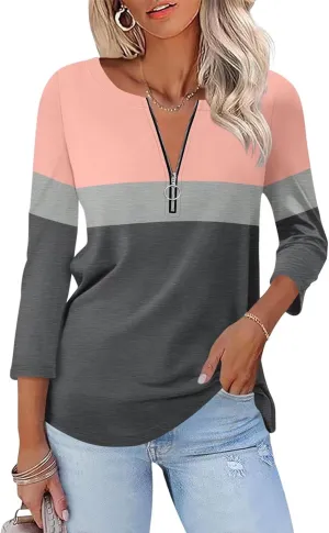 ORANDESIGNE Women’s 3/4 Length Sleeve Tops Summer Color Block Zipper T Shirts Casual Ladies Tees
