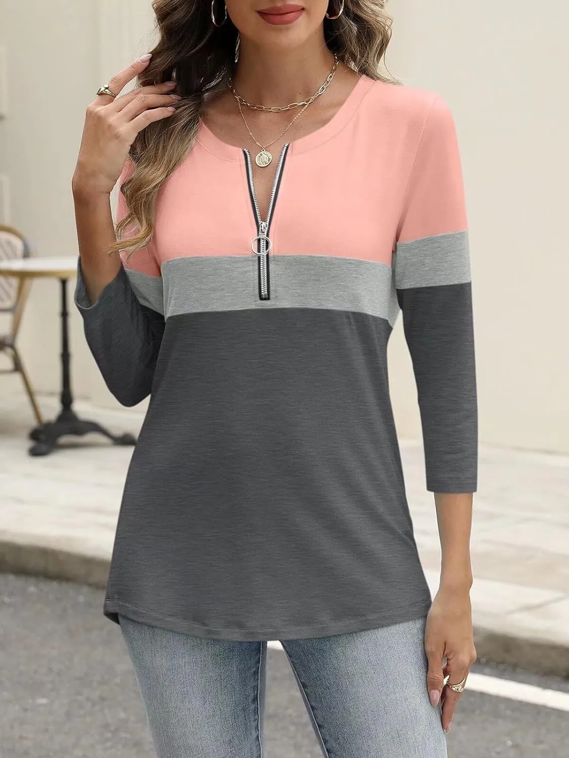 ORANDESIGNE Women’s 3/4 Length Sleeve Tops Summer Color Block Zipper T Shirts Casual Ladies Tees
