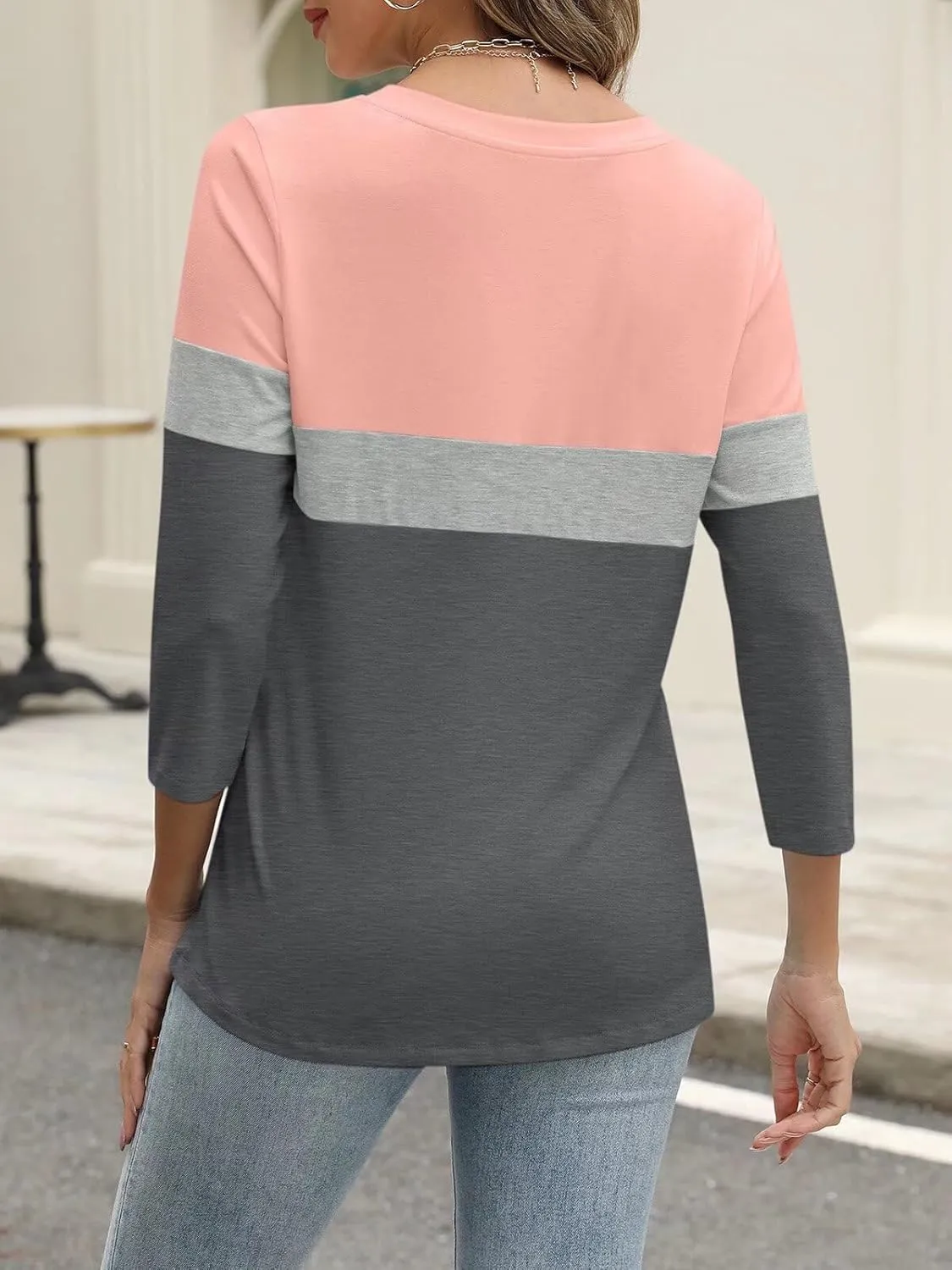 ORANDESIGNE Women’s 3/4 Length Sleeve Tops Summer Color Block Zipper T Shirts Casual Ladies Tees