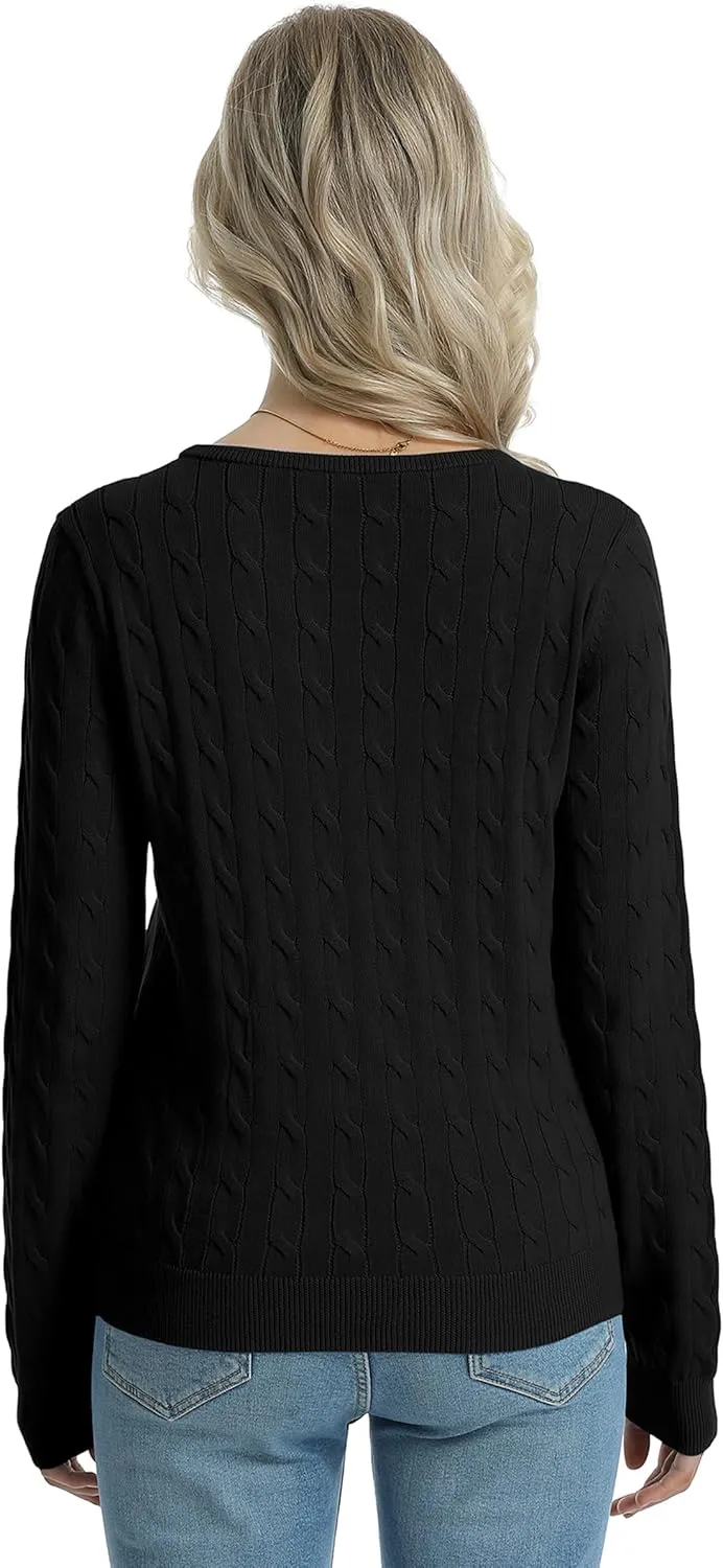 QUALFORT Women's 100% Cotton Crewneck Cable Knit Pullover Sweaters