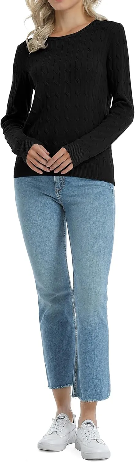 QUALFORT Women's 100% Cotton Crewneck Cable Knit Pullover Sweaters