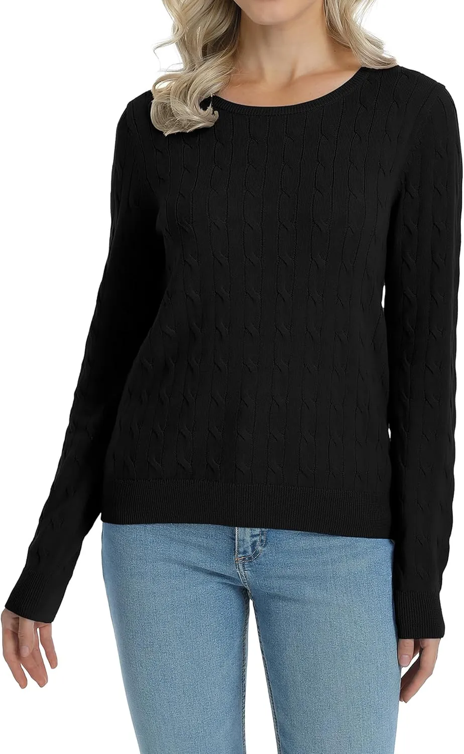 QUALFORT Women's 100% Cotton Crewneck Cable Knit Pullover Sweaters