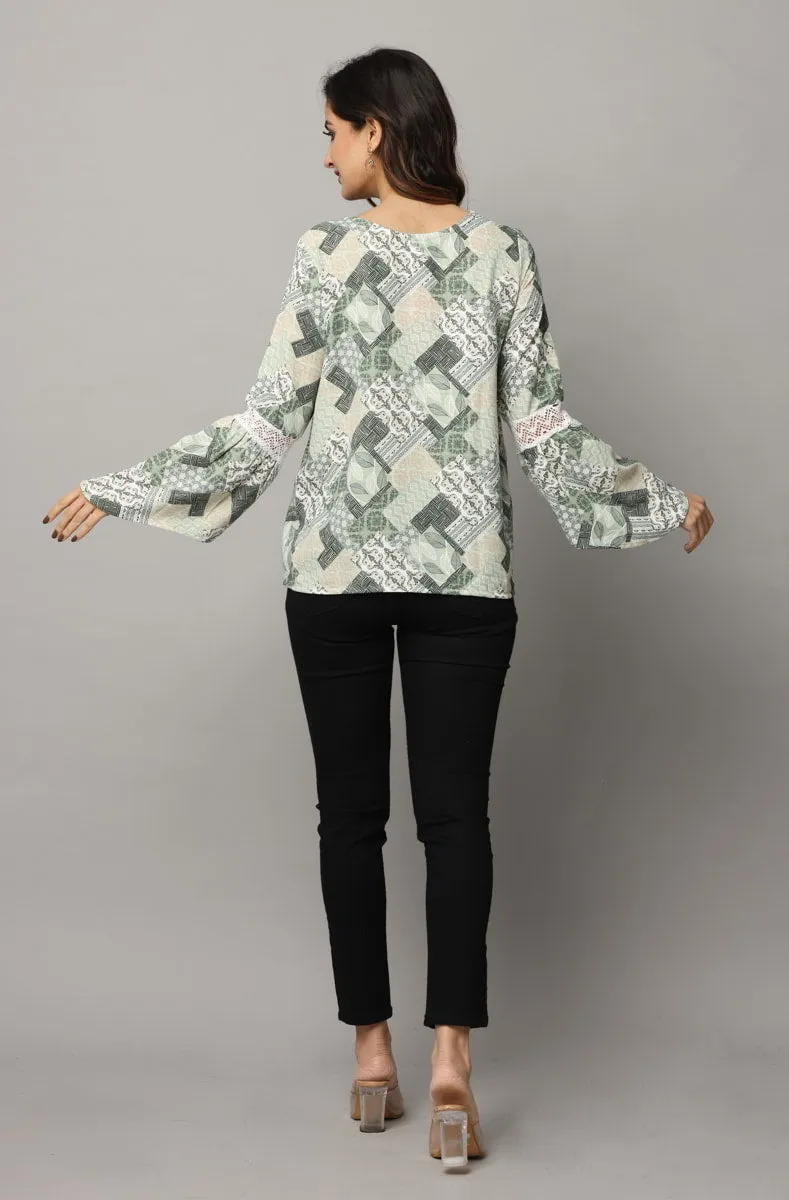 V Neck Top With Full Sleeve Enhanced With Attached Lace