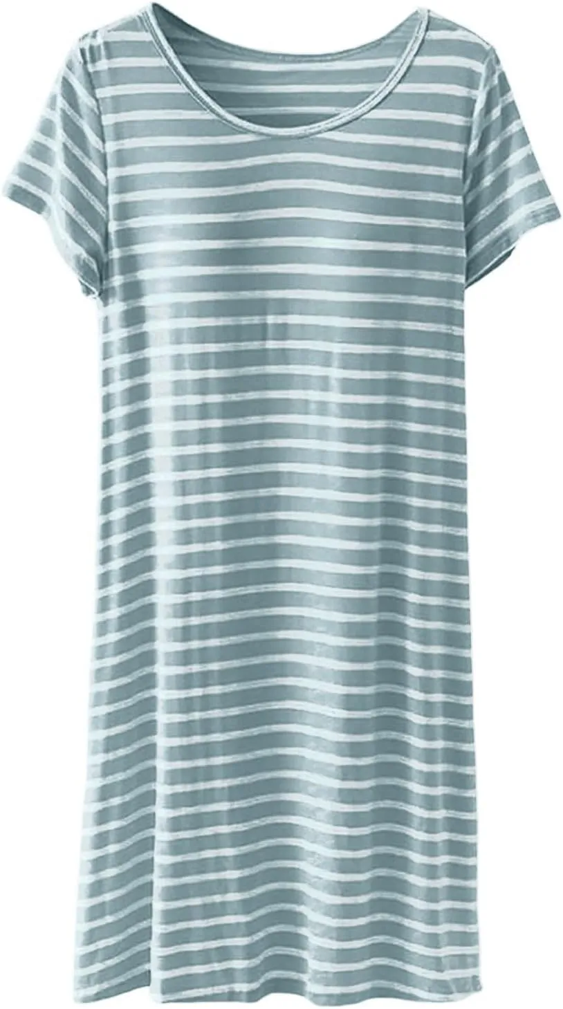 Women's Comfortable Mid Length Dress with Breast Pad Nightdress Casual Striped Skirt Plus Size Casual Dresses for
