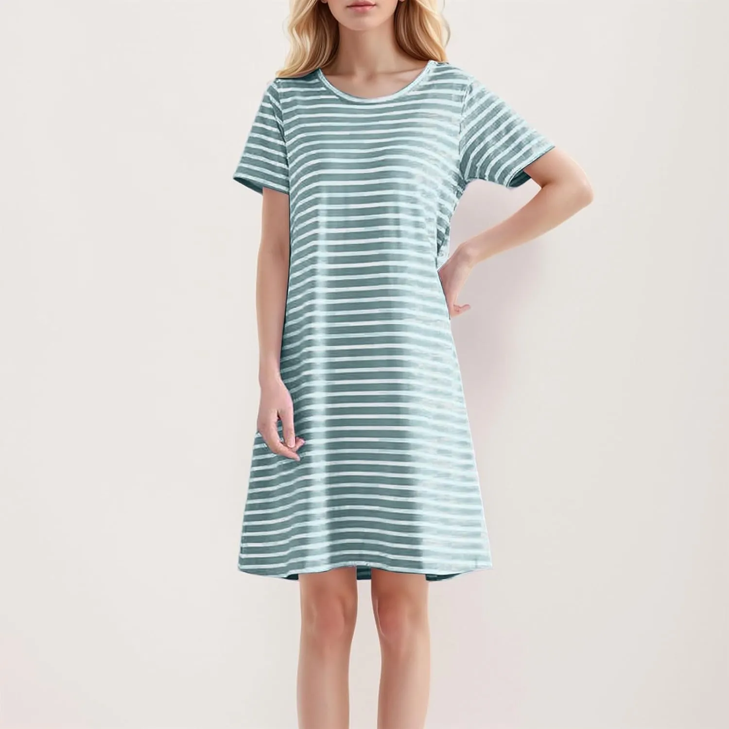 Women's Comfortable Mid Length Dress with Breast Pad Nightdress Casual Striped Skirt Plus Size Casual Dresses for