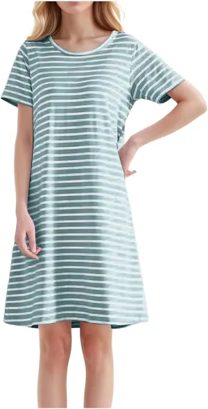 Women's Comfortable Mid Length Dress with Breast Pad Nightdress Casual Striped Skirt Plus Size Casual Dresses for