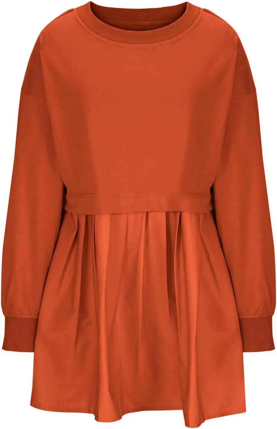 Womens Mini Sweatshirt Dress Oversized Patchwork Color Block Pleated Dresses Long Sleeve Crewneck Pullover Tops