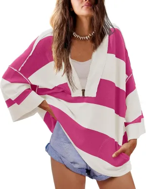 Women's Striped Shirt Oversized Half Zip Sweatshirts Long Sleeve V Neck Loose Y2k Hoodies Pullover