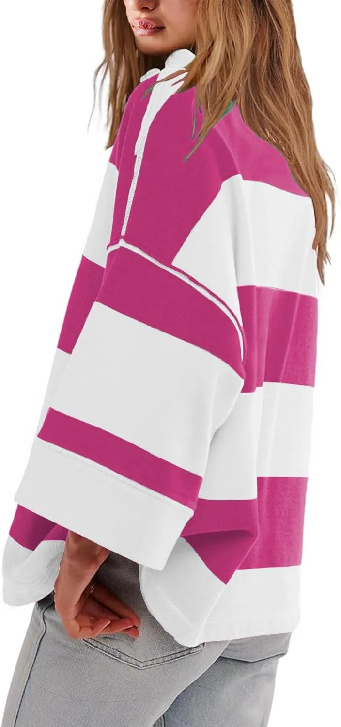 Women's Striped Shirt Oversized Half Zip Sweatshirts Long Sleeve V Neck Loose Y2k Hoodies Pullover