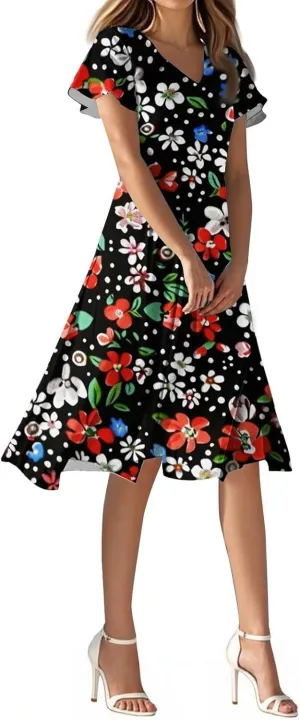 Women's Summer Dresses 2025 Short Sleeve Casual Midi Dresses V-Neck Floral Beach Vacation Party Dress