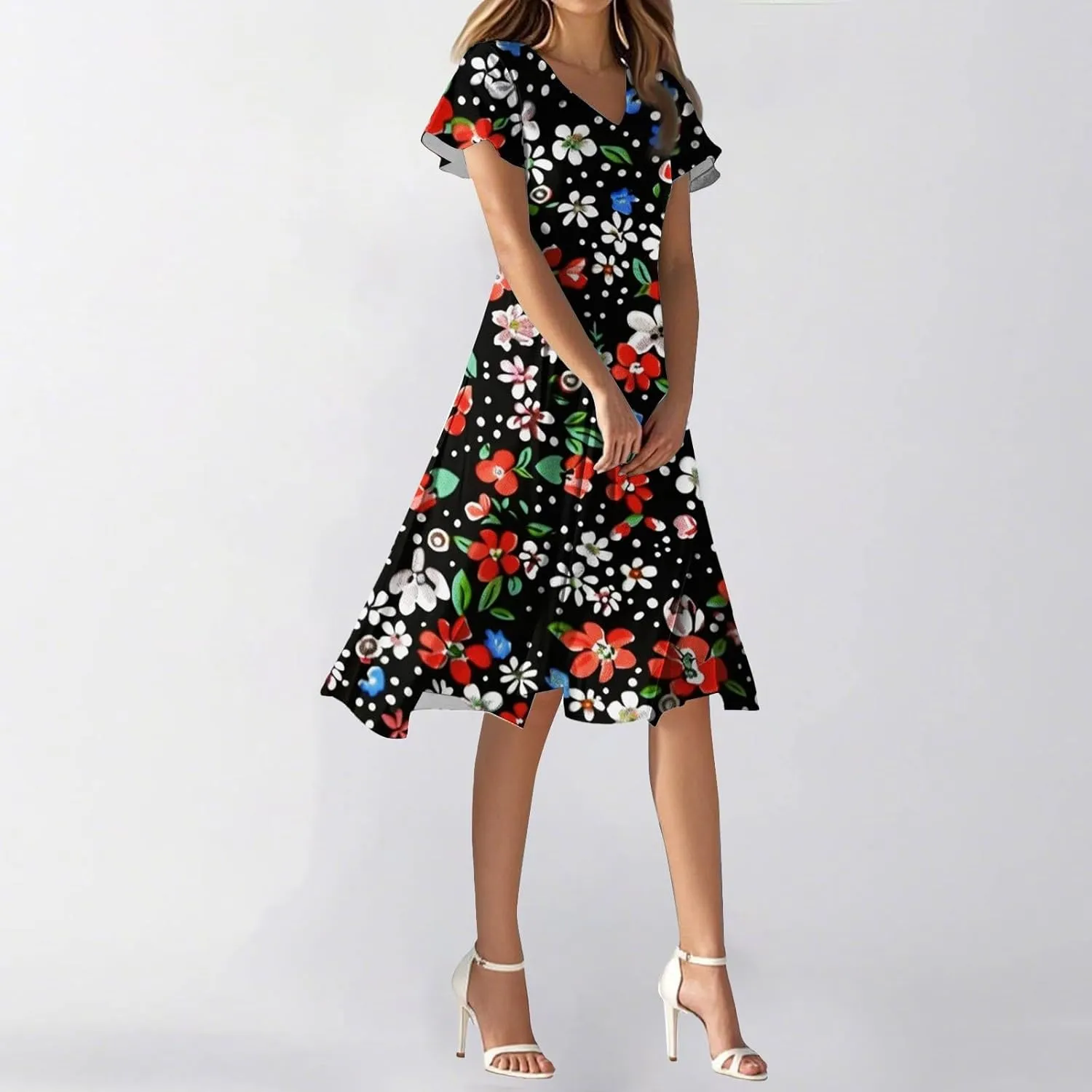 Women's Summer Dresses 2025 Short Sleeve Casual Midi Dresses V-Neck Floral Beach Vacation Party Dress
