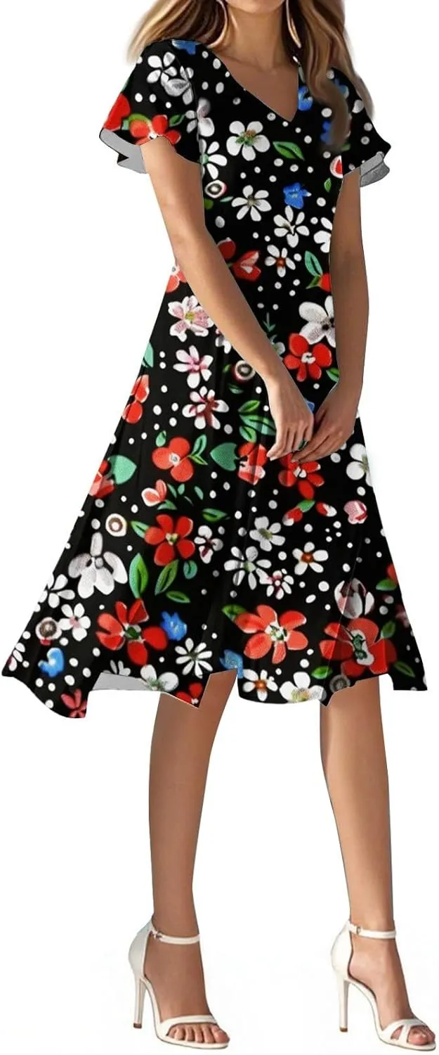 Women's Summer Dresses 2025 Short Sleeve Casual Midi Dresses V-Neck Floral Beach Vacation Party Dress