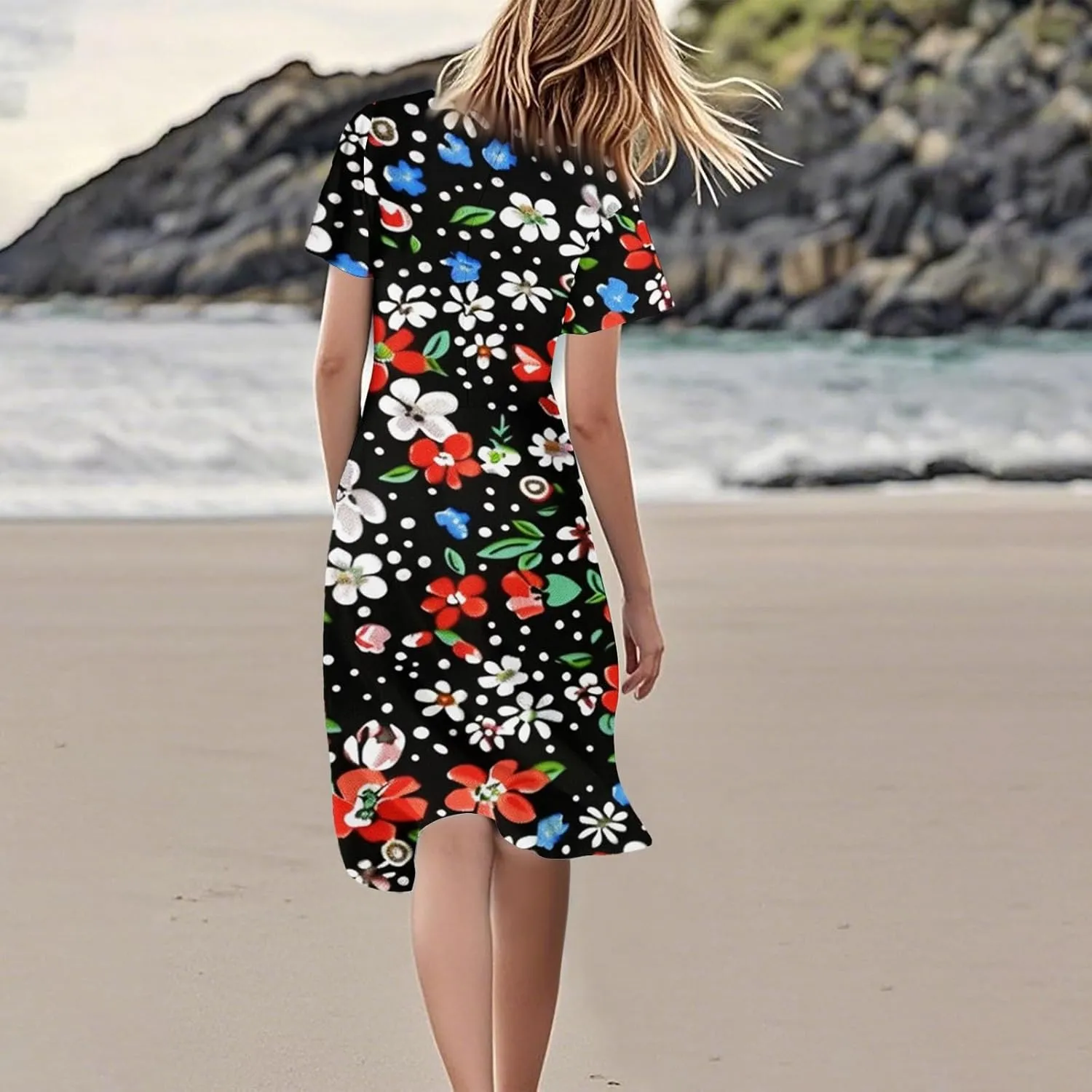 Women's Summer Dresses 2025 Short Sleeve Casual Midi Dresses V-Neck Floral Beach Vacation Party Dress